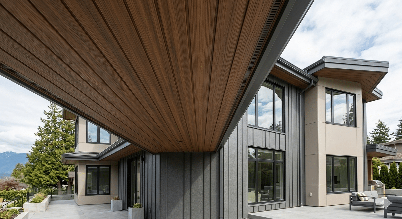 wood color longboard metal soffit with integrated linear venting on a modern home