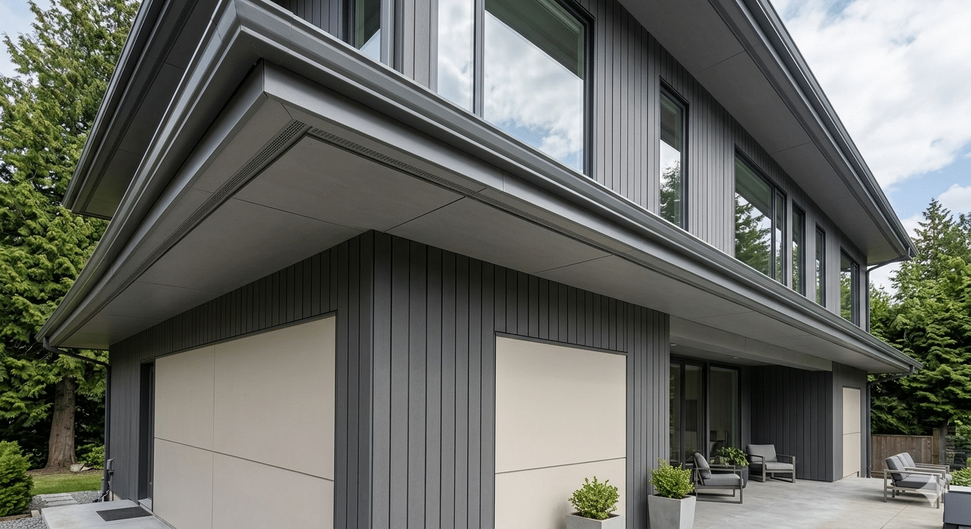 Architectural fiber cement soffit panels installed on a modern gray residential home