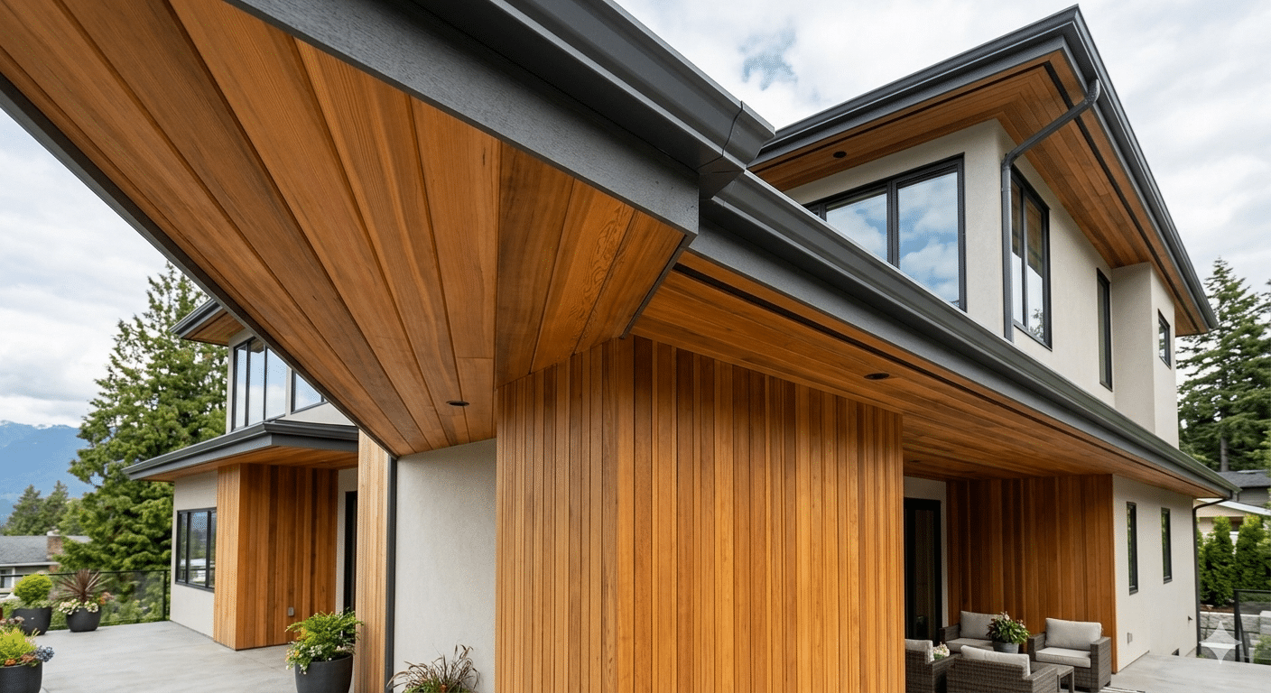High-end natural cedar wood soffit installation on a modern custom home.